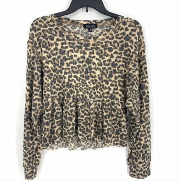 La La Land Creative Ruffle Hem Top Leopard Print Size Small Brown/Black - Picture 2 of 5